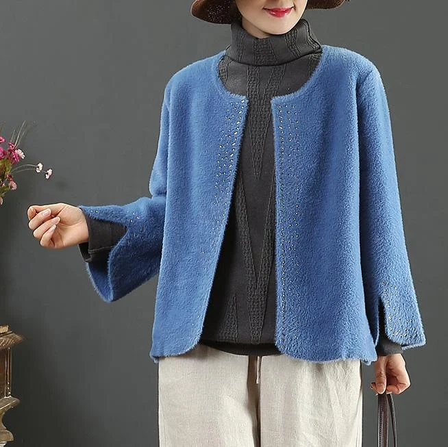 boutique blue o neck Woolen Coats Women plus size Jackets & Coats side open sleeve coats