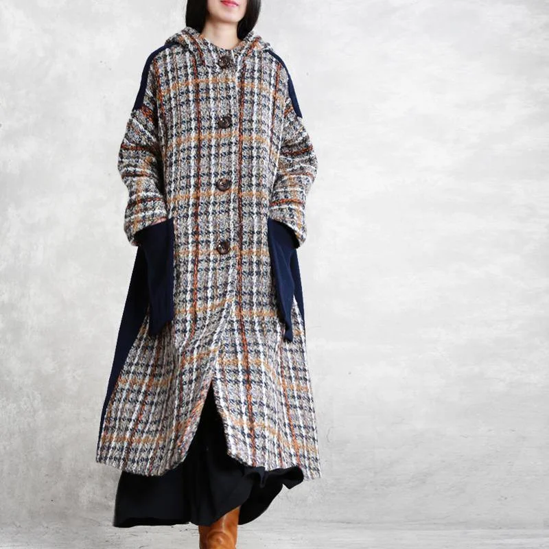 boutique blue plaid wool overcoat casual long winter patchwork hooded coat