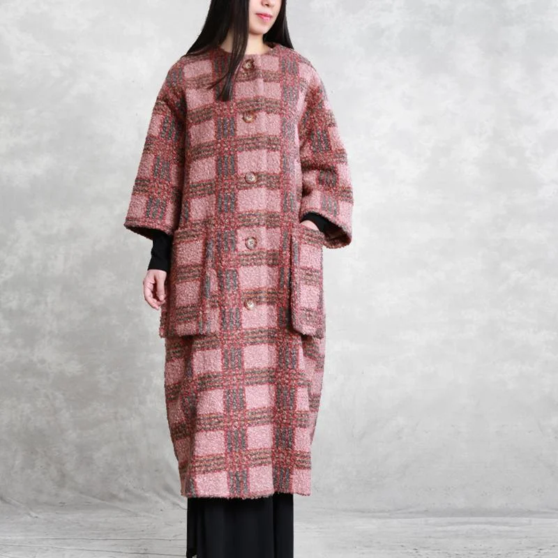 boutique oversized long winter coat red plaid pockets Button Woolen Coats