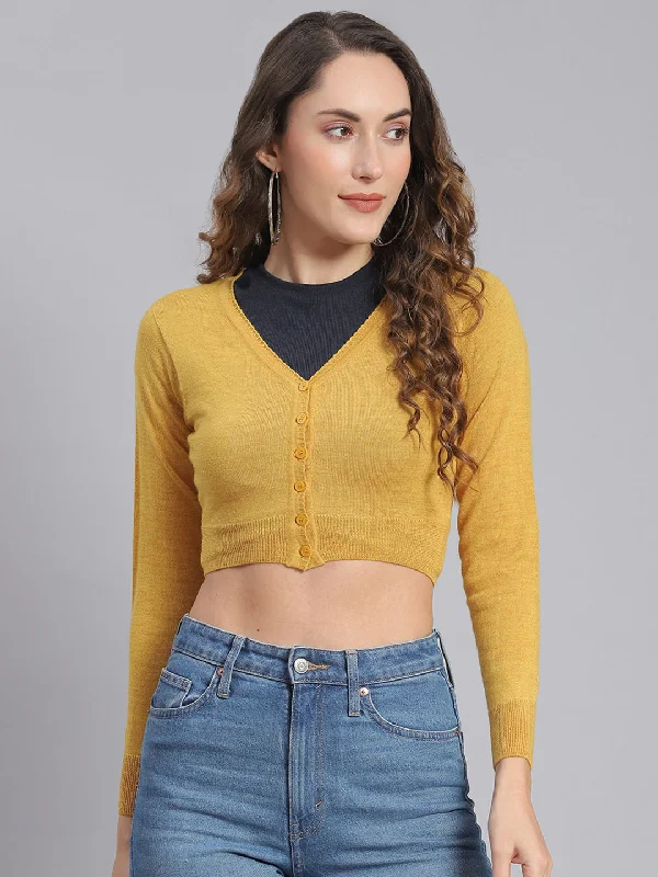 Women Mustard Solid V Neck Full Sleeve Sweater