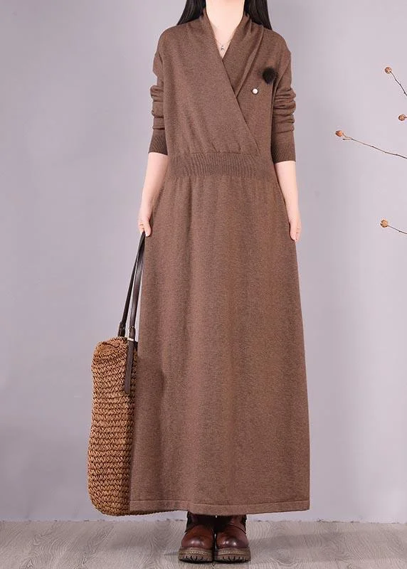 Organic Chocolate Clothes V Neck Asymmetric Vestidos De Lino Spring Dresses