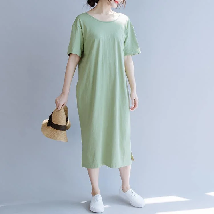 Simple green cotton quilting dresses o neck side open Vestidos De Lino summer Dresses