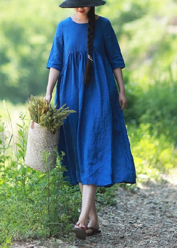 Simple O Neck Patchwork Summer Tunic Blue Vestidos De Lino Dress