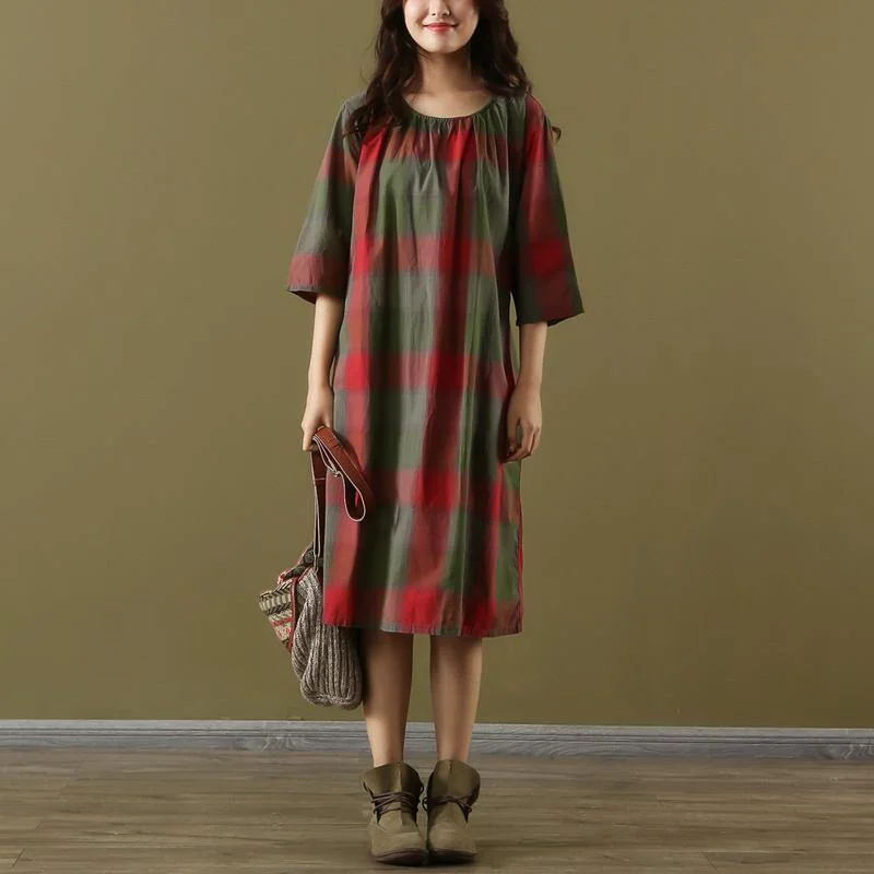 Simple red Plaid Cotton Tunics o neck tie waist Vestidos De Lino summer Dresses