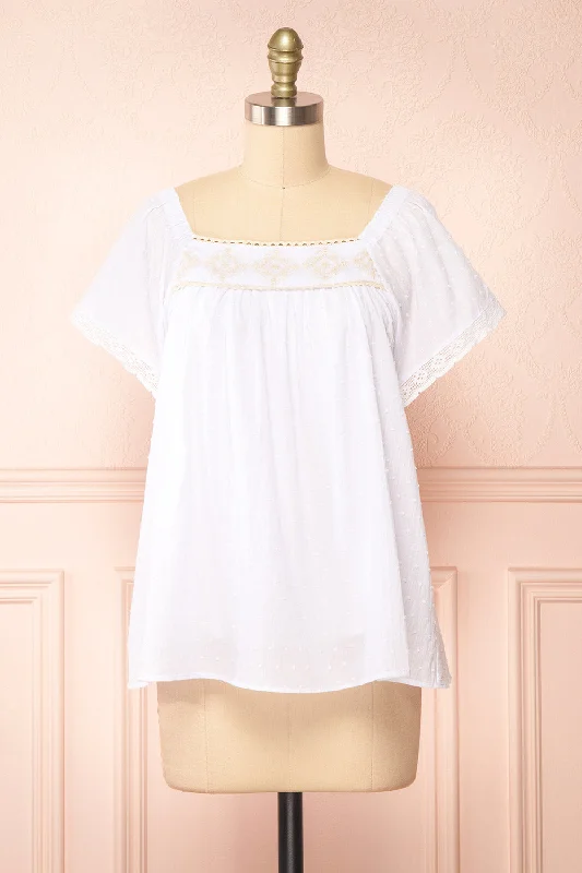 Khalesy White | Short Sleeve Top w/ Embroidery