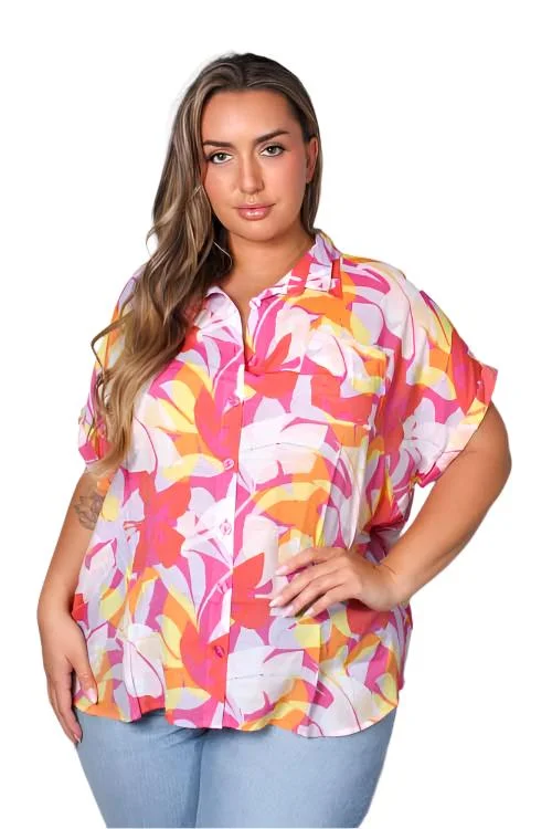 Women's Plus Short Sleeves Front Pocket Tropical Top