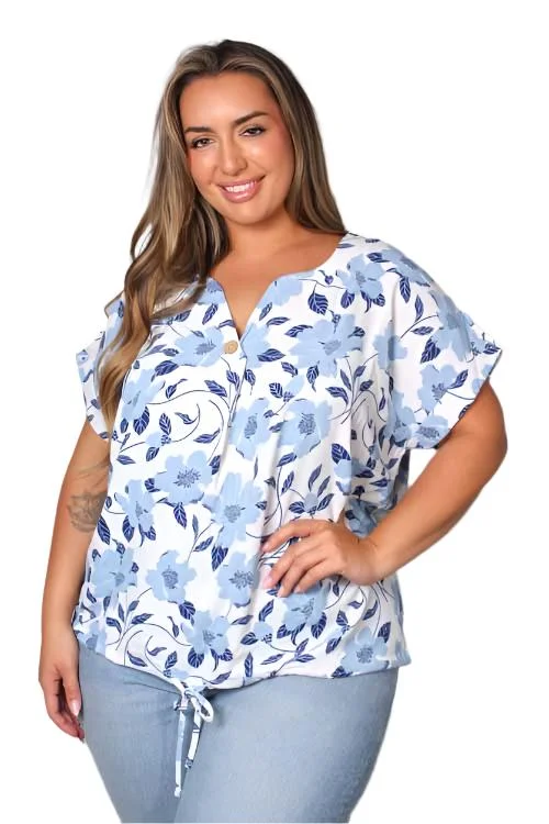 Women's Plus Short Sleeve Drawstring Hem Floral Top