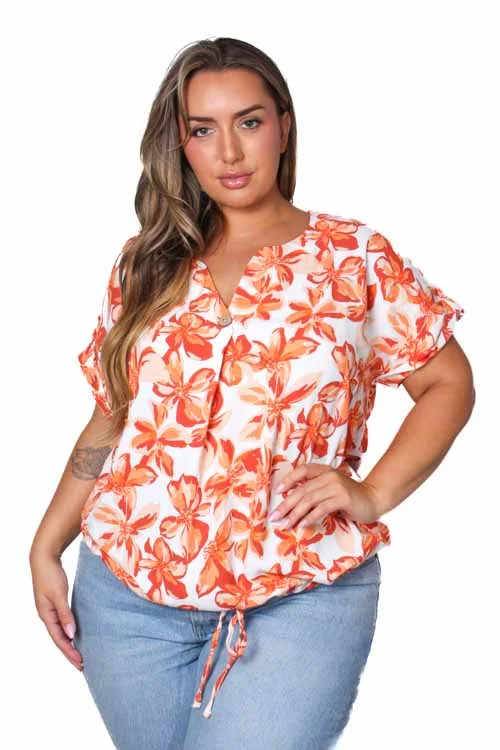 Women's Plus Short Sleeve Drawstring Hem Floral Top