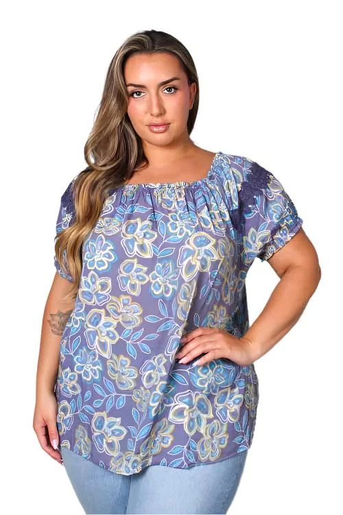 Women's Plus Short Sleeve Floral Print Peasant Top