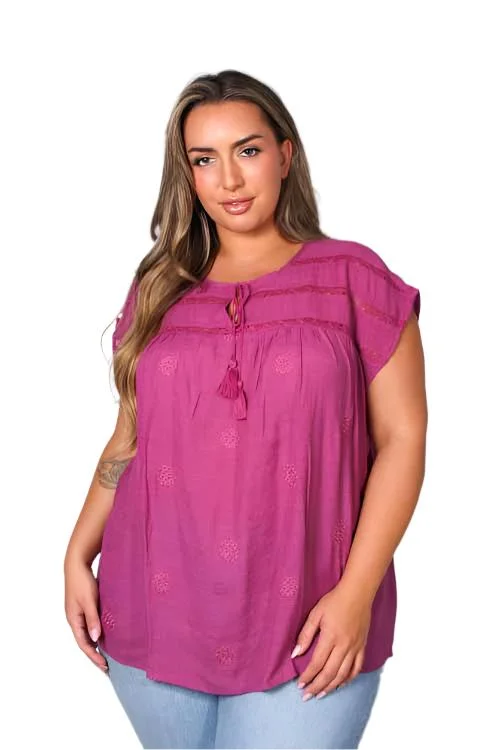 Women's Plus Short Sleeve Tie Front Lace Embroidered Top