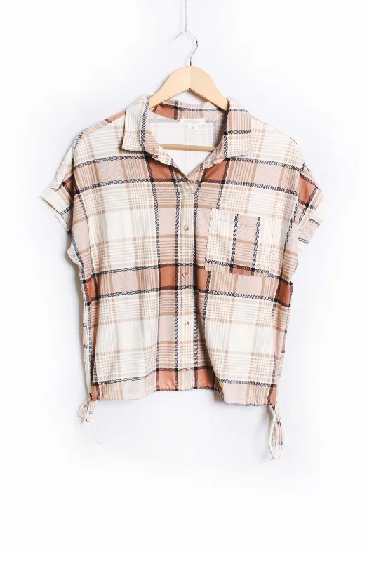 Women's Short Sleeve Button Down Drawstring Hem Plaid Top