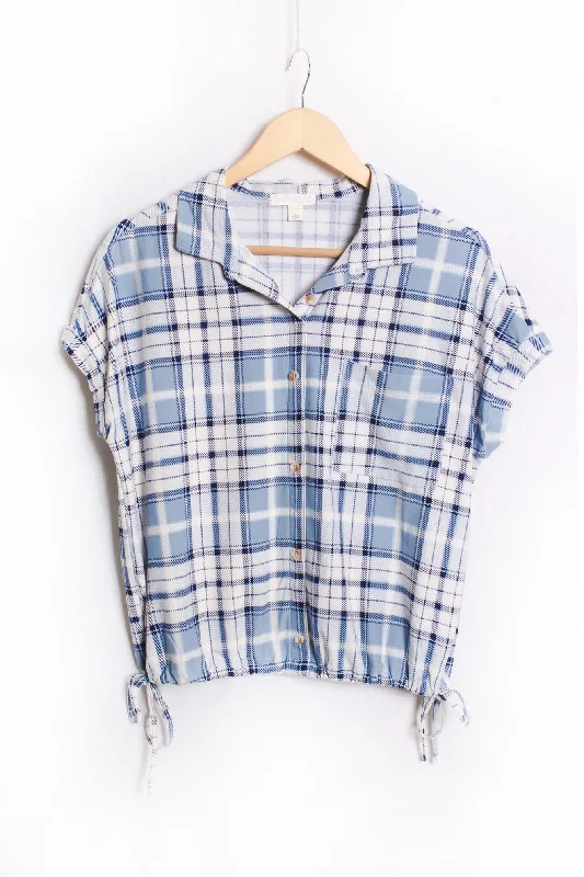 Women's Short Sleeve Button Down Drawstring Hem Plaid Top