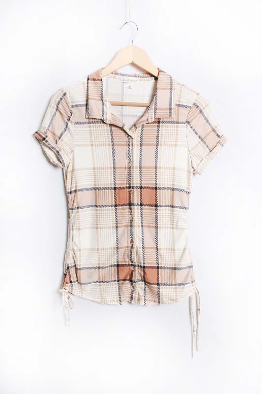 Women's Short Sleeve Button Down Drawstring Plaid Top