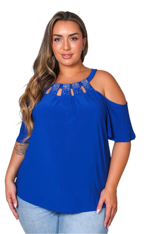 Women's Plus Short Sleeve Cold Shoulder Crystal Embellished Top