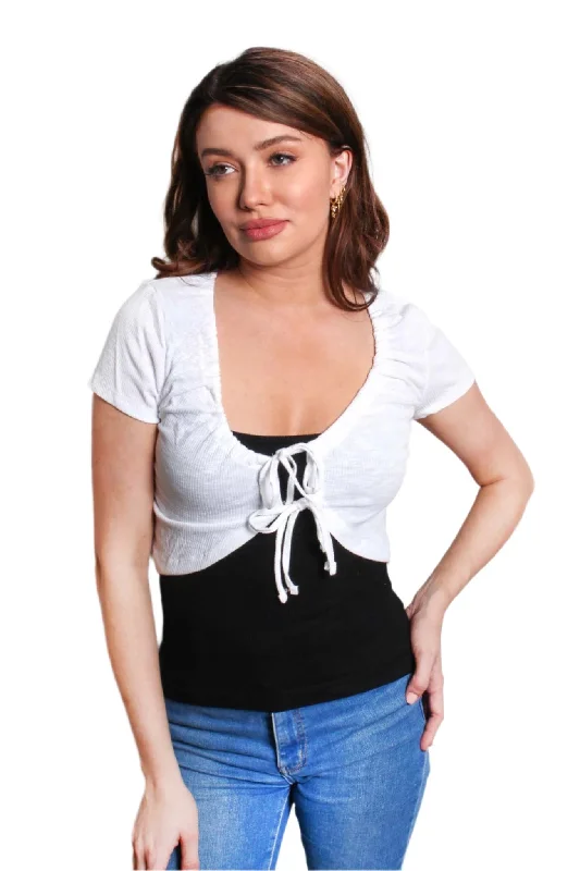 Women's Short Sleeve Tie Front Ribbed Shrug Top