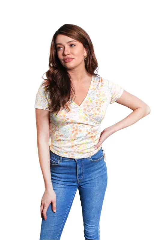 Women's Short Sleeve Side Drawstring Floral Print Top