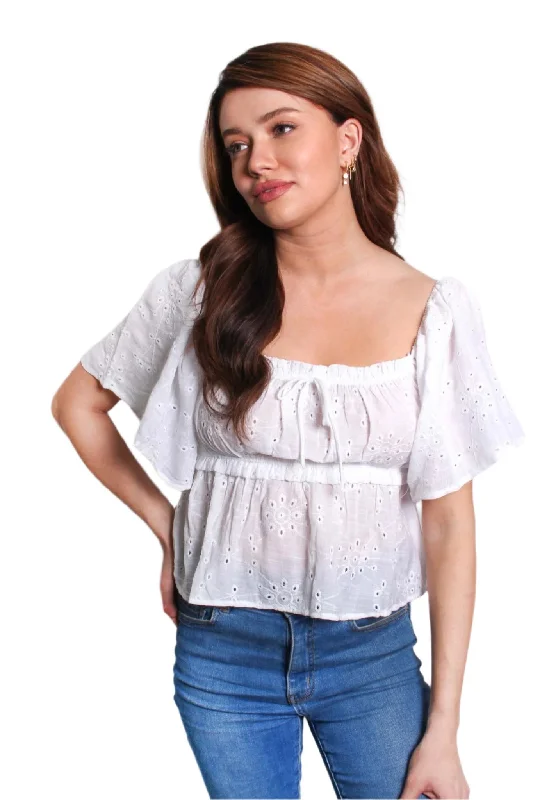 Women's Short Sleeves Drawstring Neck Eyelet Peasant Top