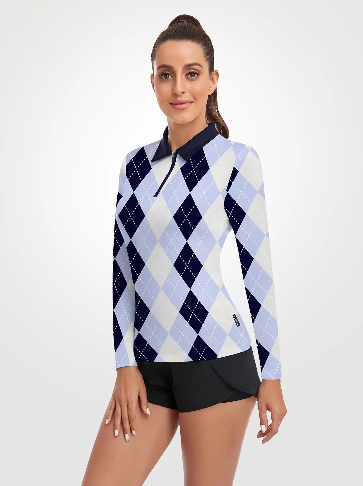 Blue and White Checkerboard Quarter-zip Long-sleeve Polo Shirt for Women