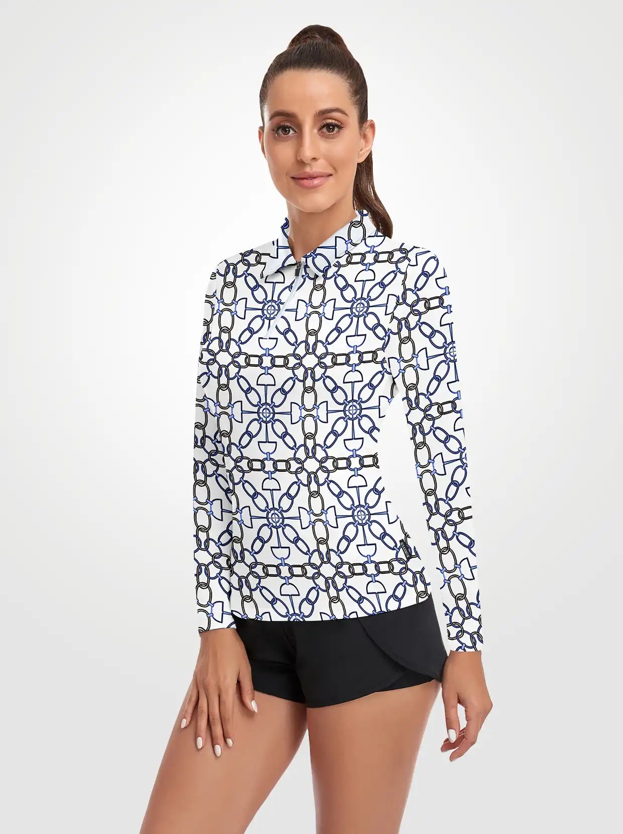 Chain Print Quarter-zip Long-sleeve Polo Shirt for Women