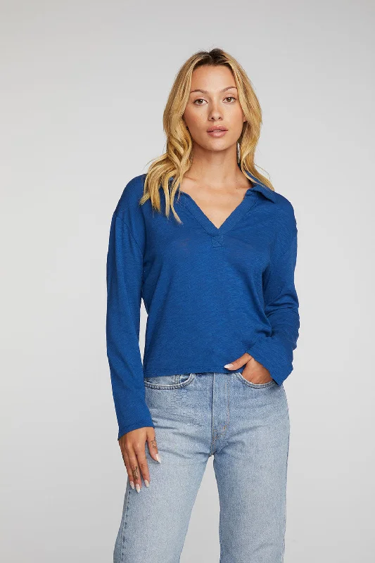 Gauze Jersey Cropped Polo with Distressed Detail Long Sleeve