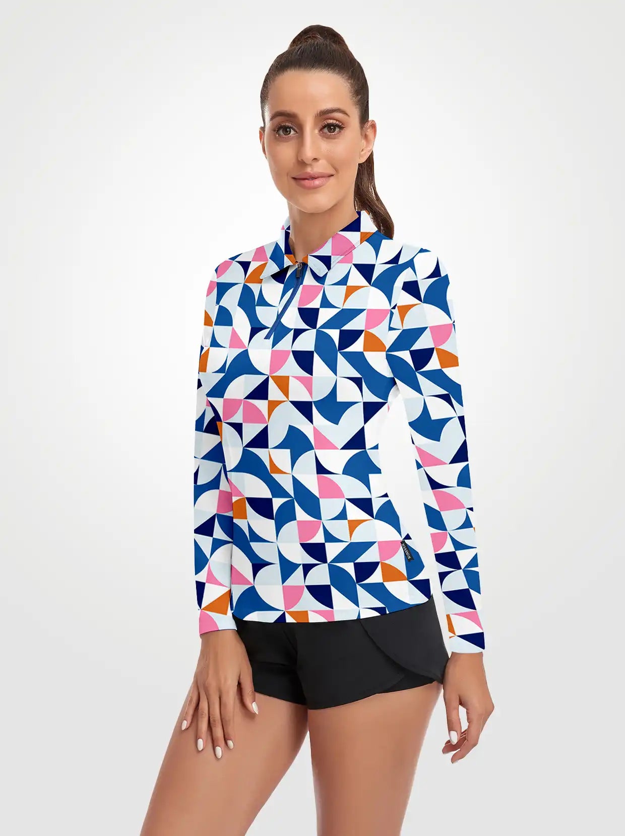 Geometric Pattern Quarter-zip Long-sleeve Polo Shirt for Ladies