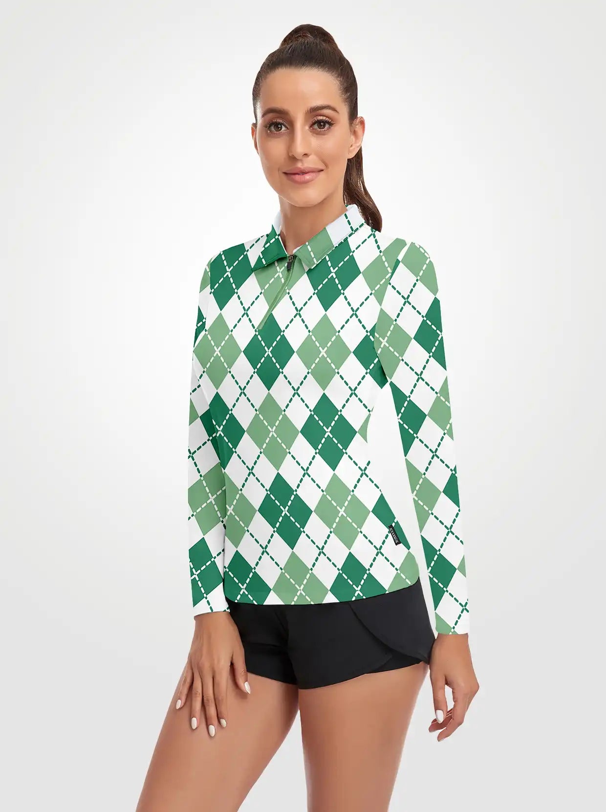 Green and White Checkerboard Quarter-zip Long-sleeve Polo Shirt for Women