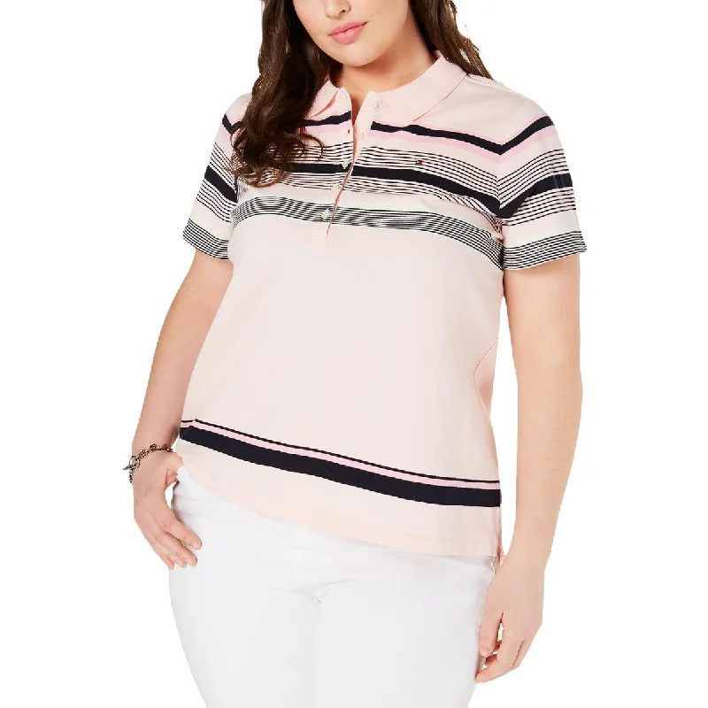 Plus Womens Striped Collared Polo Top