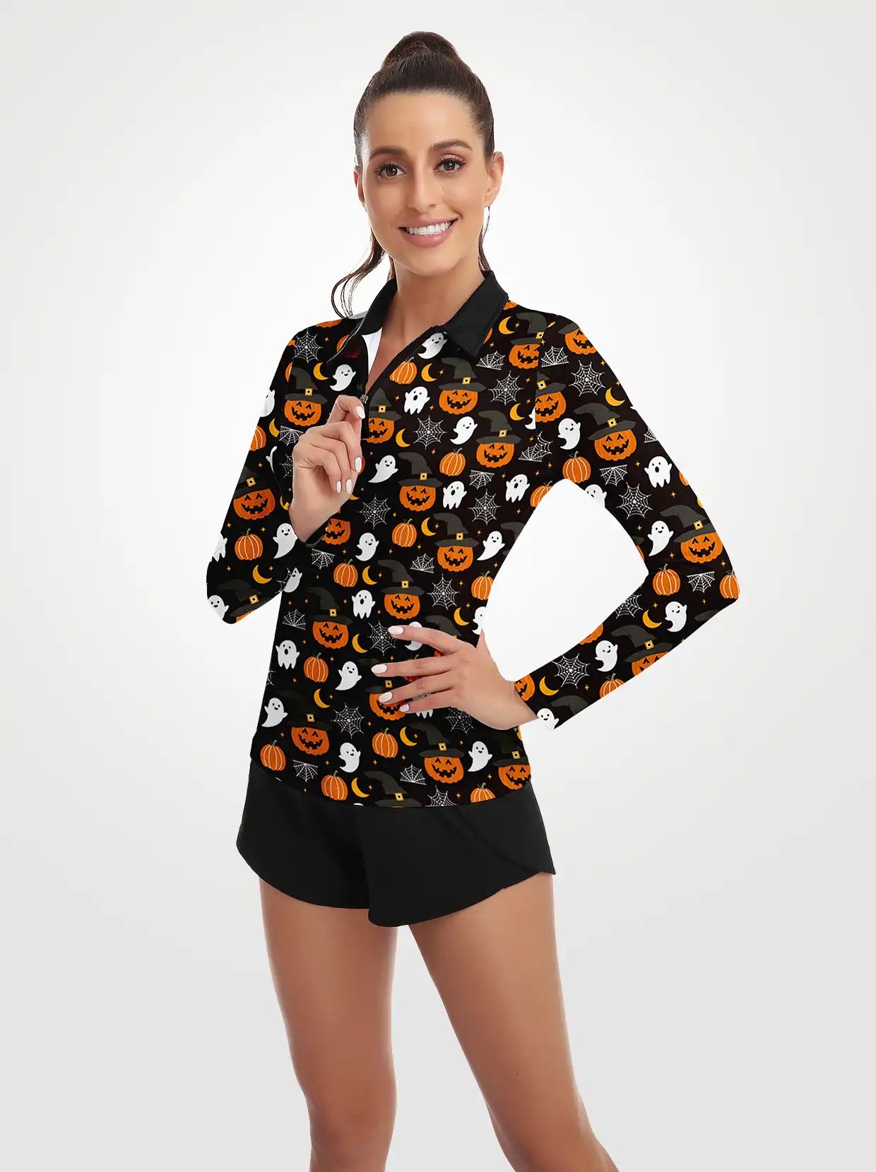 Halloween Pumpkin and Ghost Quarter-zip Long-sleeve Polo Shirt for Women