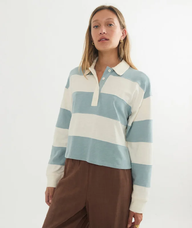 Marine Layer Rugby Crop Polo Faded Aqua Stripe