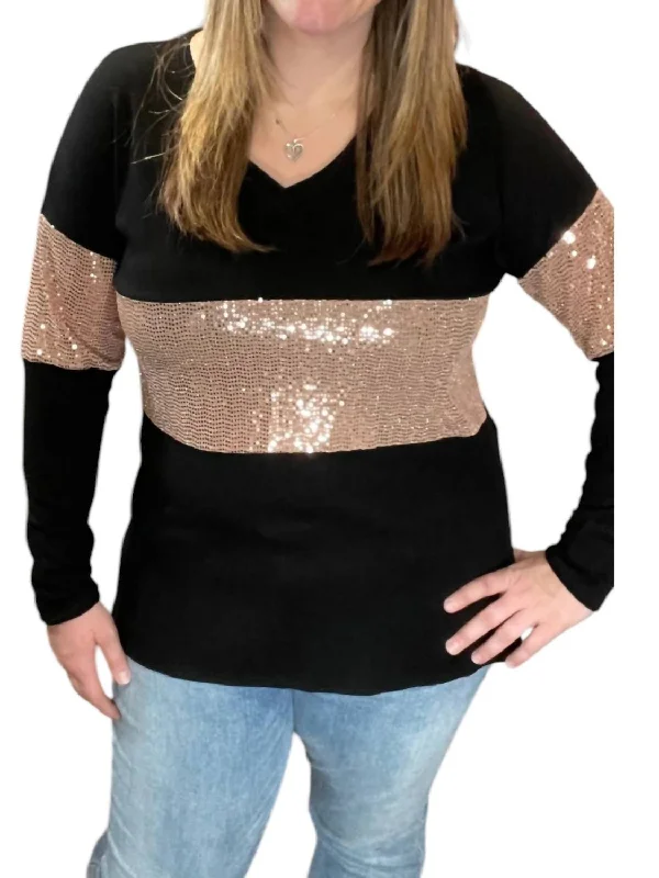 V-Neck Long Sleeve Top In Black/rose Gold