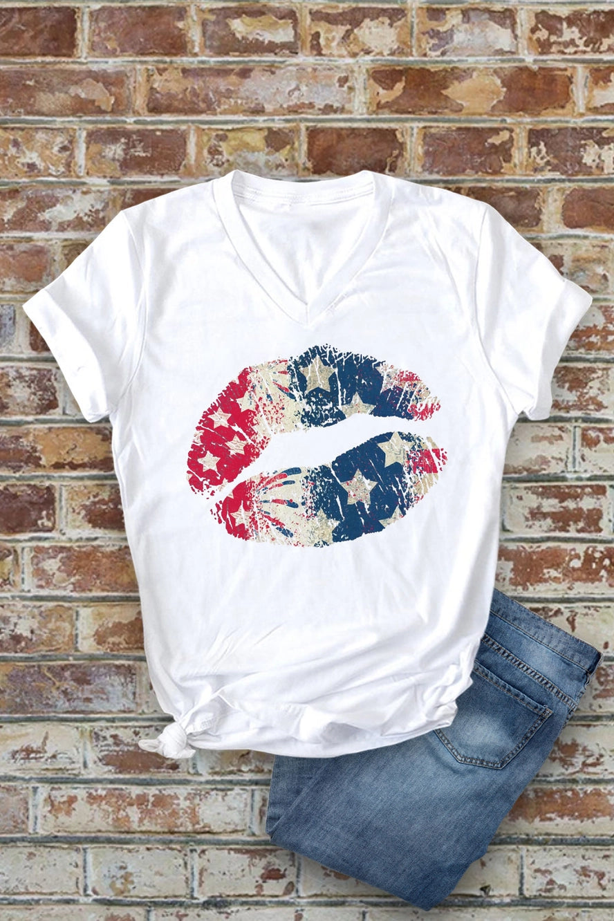 American Flag Lips Kiss Fourth of July Unisex V-Neck T-Shirt