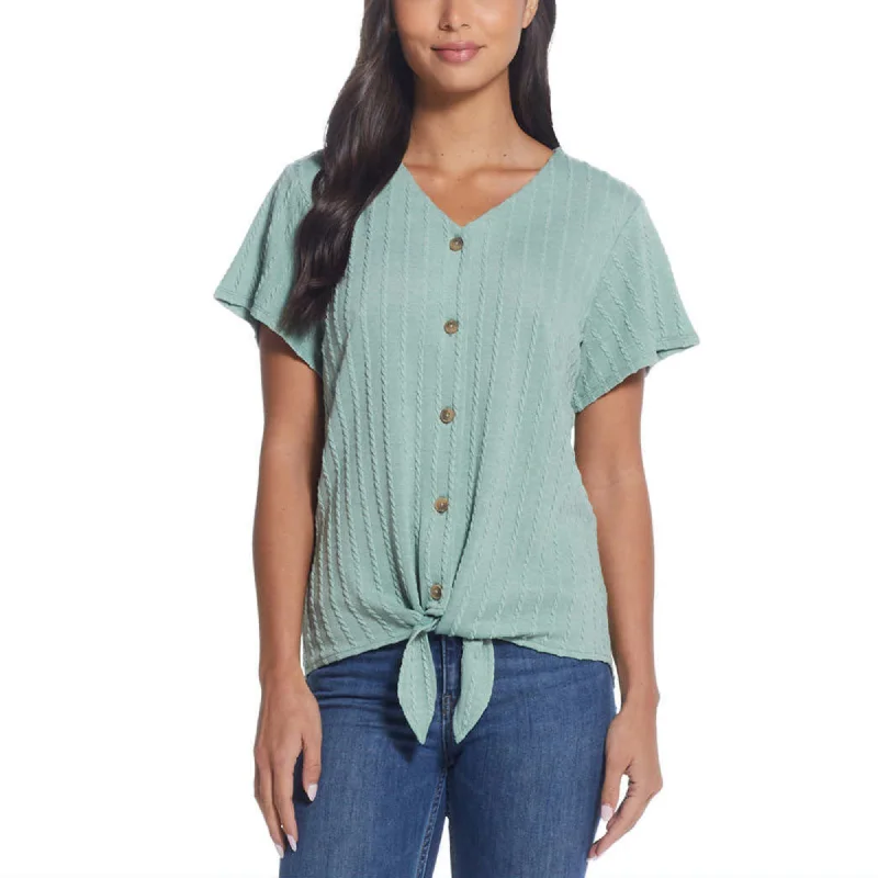 Weatherproof Vintage Women's Tie Front T-Shirt V-Neck Braided Knit Top