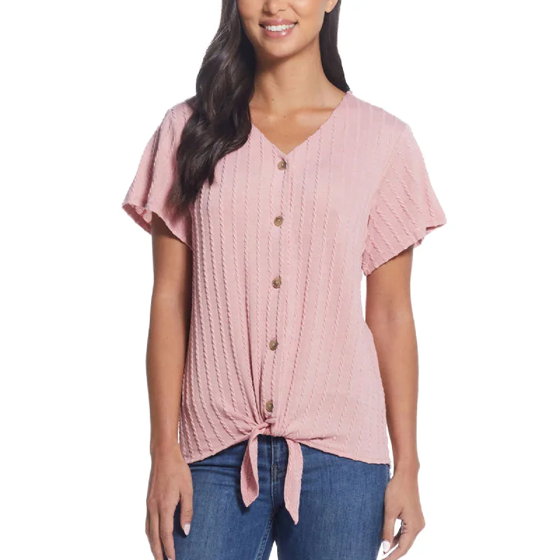 Weatherproof Vintage Women's Tie Front T-Shirt V-Neck Braided Knit Top