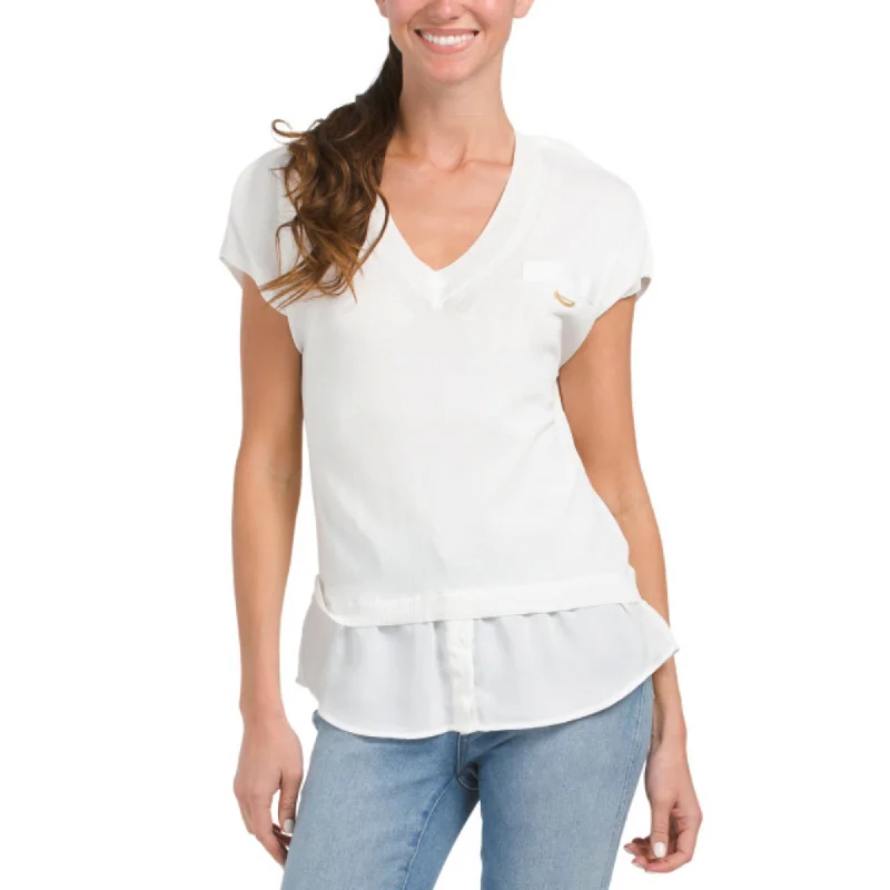 ELLEN TRACY Women's Short Sleeve Twofer V-neck Knit Mixed-media Top