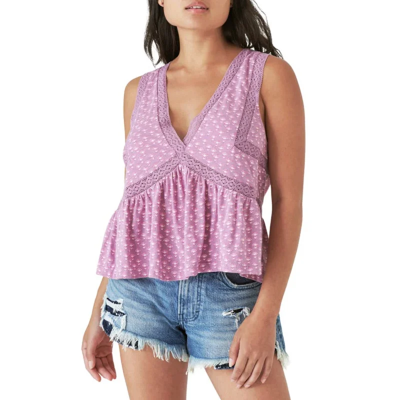 Lucky Brand Women's Geo Lace Trim V-Neck Ruffle Hem Cotton Tank Top